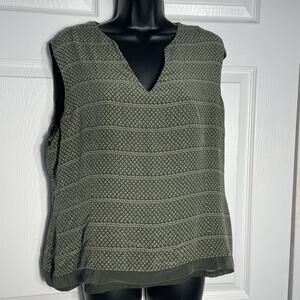 Vintage Y2K Jones Wear Silk Shirt‎ Women 16 Green Tan Geometric Sleeveless Lined